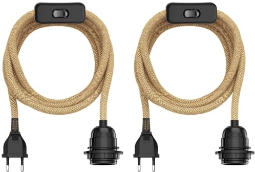 ledscom.de 2 st hampkablar/textilkablar LEKA, kontakt, strömbrytare, beige, 4,5 m, lampfattning, 1 st E27 max. 60 W