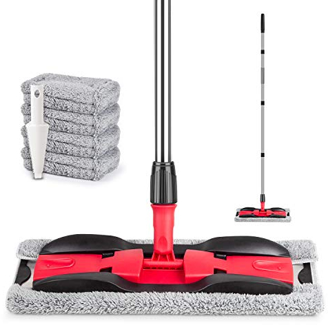 MEXERRIS Microfiber Mops for Hardwood, Laminate, Tile Floor Cleaning, Stainless Steel Handle - 4 Reusable Flat Mop Refills and 1 Dirt Removal Scrubber Included - Dry Dust Mop Commercial Home Use