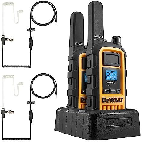 DEWALT FRS Walkie Talkies Long Range 2 Way Radio, 2 Watt, Waterproof & Rechargeable, 2 Pack with 2 Headsets, 1DXFRS800-SV1