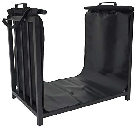 DWD 2 Tier Black Metal Outdoor Indoor Log Rack with Fireplace Accessories (4 Tools) I Log Holder with Canvas Carrier Bag