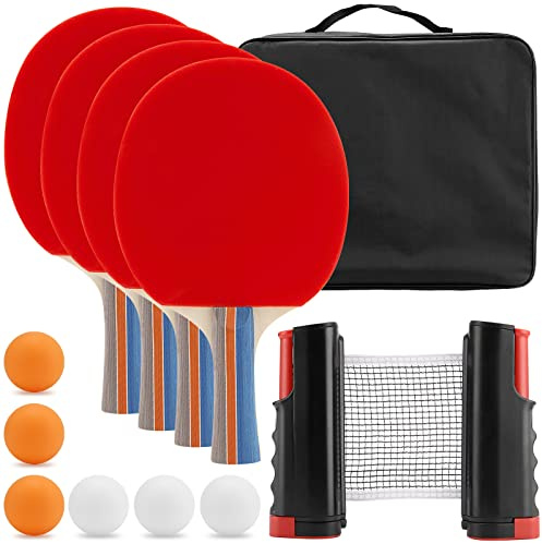MUKLEI Table Tennis Set, Ping Pong Ball Set, 4 Bats and 6 Balls, Portable Ping Pong Paddle Sets with 175cm Extendable Net & Carrying Bag for Dining Table, Outdoor Game
