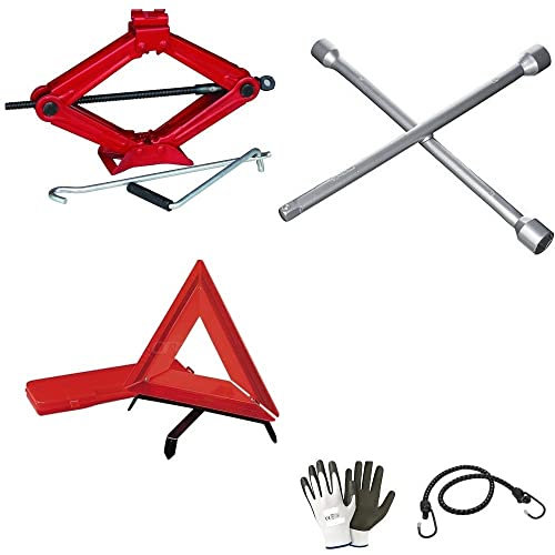 Vérin pour boîte de vitesses en caoutchouc Kit CRIC d'urgence pour voitures et véhicules à cliquet 2T à pantographe+clé à croix pour boulons+triangle rouge fluo