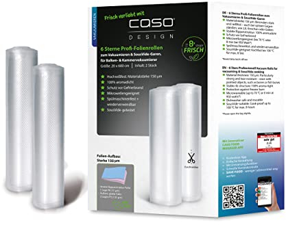CASO Lot de 2 rouleaux de film de mise sous vide professionnel 6 étoiles 20 x 600 cm pour toutes les machines à emballer sous vide, solides et indéchirables, environ 150 microns, sacs sous vide, sans