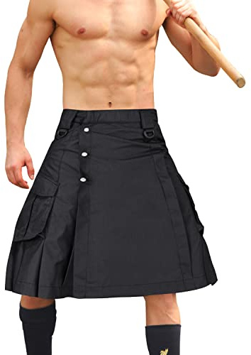 AKARMY Men's Kilt for Men, Camo Scottish Outdoor Utility Pleated Tactical Kilt,Irish Highland Hybrid Kilts Black 42