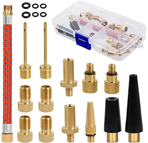 20 Stück Fahrradventil Adapter Set, Alle Ventiladapter Fahrrad,Premium Französisches Ventil Adapter mit Sortierbox, Luftpumpe Adapter, Ballpumpe Nadeln Autoventil Adapter für Luftpumpe Kompressor
