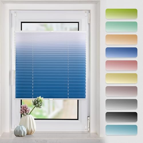 Plissee mit Farbverlauf 50x110cm(BxH) Blau-Weiß plissees klemmfix ohne Bohen Blickdicht Faltrollo Lichtdurchlässig Rollos für Fenster ohne Bohren