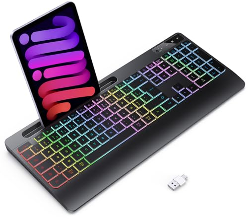 TECURS Clavier sans Fil avec Repose-Poignet- Gaming Clavier Ordinateur Silencieux Rétroéclairé, AZERTY USB Clavier Ergonomique 2.4G Rechargeable pour Windows, Mac, PC