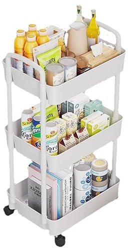 Multibao 3 Tier Storage Trolley Cart on Wheels with Handle Kitchen Bathroom Laundry Narrow Space Rack Space-Saving Mobile Shelving Organizer (White)
