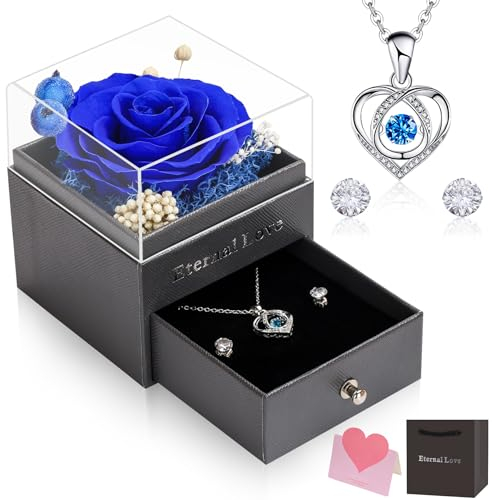 CSYY - Rose Eterna, Regalo de San Valentín, Collar y Pendientes, Conservada a Mano, Caja de Regalo, para mujer, Mamá, Hermana, Esposa y Día de la Madre, azul