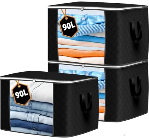 KURNI Storage Bags | Clothes Organizer Boxes, Foldable 3 Pack Black 90L Capacity, 3 Sided Zipper Moving Large Bag. Dust & Moisture Proof