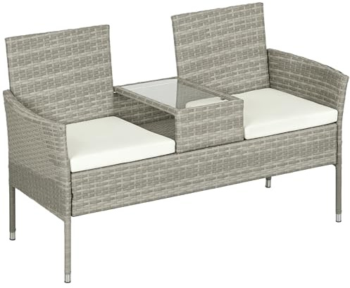Outsunny Panchina da Giardino a 2 Posti in Rattan e Acciaio, Panchina da Esterno con Cuscini e Tavolino da Caffè Centrale in Vetro Temperato, Divano da Esterno, 135x64x81 cm, Grigio e Crema