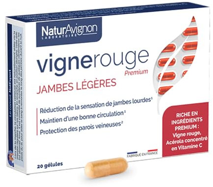 NaturAvignon Vigne Rouge Premium | Circulation sanguine jambes lourdes & jambes gonflees | Acérole + Vigne rouge circulation veineuse jambes | stimulateur circulatoire jambes legeres | 20 gélules