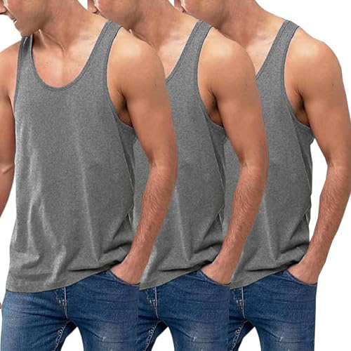 VEARZ®️ Pack of 3/6 Men's Cotton Vest Classic Slim Fit Summer Plain Tank Tops – Adults Sleeveless Undershirts Gym Training Tops Plus Size Grey-L-3