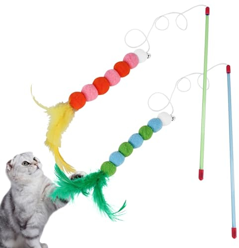 Feibety 2Pcs Cat Wand Toys,Cat Feather Toys with Bell and Plush Balls,Colourful Interactive Kitten Teaser Pet Toy Feather Chaser Wand for Cat Indoor Playing Exercising Training (Yellow + Green)