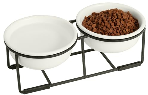 Comedero Perro Elevado de Cerámica - Juego de Cuenco Perro con Soporte de Metal Antideslizante - Comedero y Bebedero Perro - Platos para Perros - Bol Doble para Cachorros y Gatos - 2 x 375 ml - Blanca