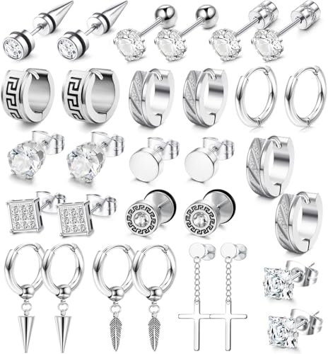JeweBella 15 Paar Ohrringe Herren Edelstahl Hypoallergen Ohrstecker Set Zirkonia Schwarz Silber Kreuz Hängend Ohrringe Piercing Ohr Knorpel Ohrringe
