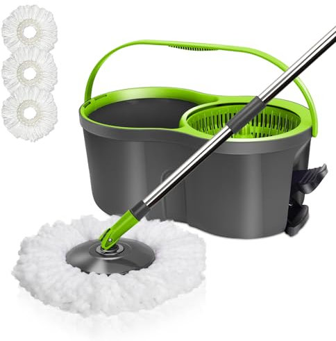 Masthome Juego de Fregona y Cubo, Cubo Fregona con Mango Telescópico de 130cm y Pedal, Fregona Microfibra con Cabeza Giratoria de 360 °, Envío de 3 Almohadillas de Microfibra