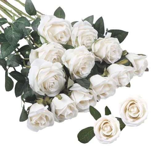 Rosas Flores Artificiales,15 Piezas Ramo de Rosas Artificiales de Seda 2.7 x 20 in Realista Largo Tallo Flores Rosas Rojas Artificiales,para Bodas,Día de San Valentín,Decoración de Hotel (Blanco)