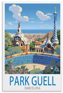 NAEGV Kit de peinture à l'huile numérique Affiche touristique du parc Güell à Barcelone Kit de Peinture à l'huile DIY pour Débutants et Eenfants 50x60cm