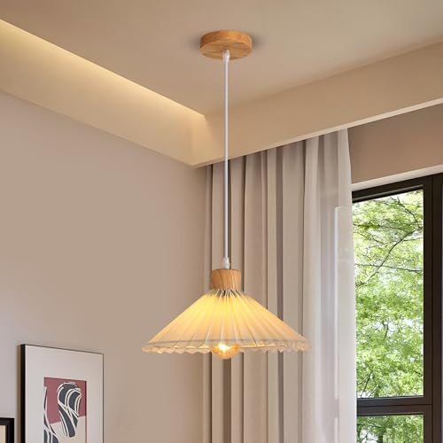 Riserva Lampadario a Sospensione Vintage Legno, E27 Lampadario da Soffitto Bianco in Tessuto, Lampadario Moderno Decorazione per Camera da Letto, Soggiorno, Corridoio, Ristorante