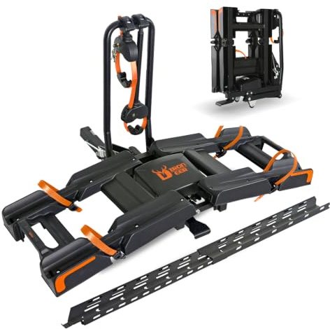 Eco Pro Upgraded 200lbs EBike Rack with Ramp for 2 E-Bikes Fits 5 Fat Tire, Hitch EBike Rack for Cars SUVs Trucks with 2 Receiver, Foldable Tilting Locking No Assembly Needed E-Bike Platform Carrier
