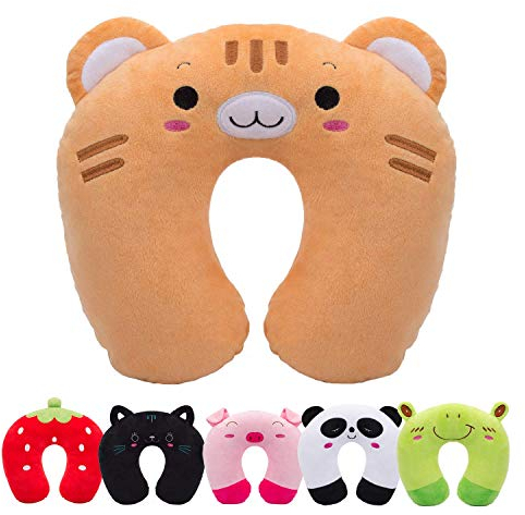H HOMEWINS Kinder Reisekissen Ultraweich Nackenkissen Kopfstütze Süß Nackenhörnchen Waschbar Nackenstützkissen Reise Schlafkissen für Auto Flugzeug (Tiger)