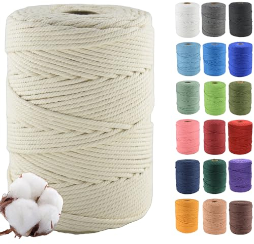 Klhamky 3mm×500m Macrame Cotton Cord, Soft 4 Strand Twisted 100% Natural Cotton for Handmade Wall Hanging, DIY, Craft Making, Knitting, Plant Hangers, Decorative Projects