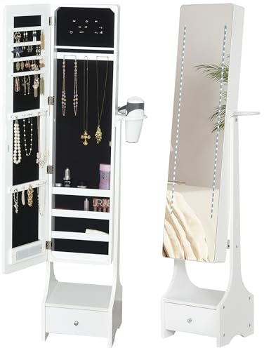 HOMCOM Armadio Portagioie con Specchio e Luci a LED Regolabili con Interruttore Touch, per Bracciali, Orecchini e Anelli
