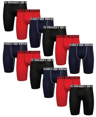 AND1 Mens Boxer Briefs - 12 Pack Platinum Performance Long Leg Boxer Briefs with Pouch - Boxers for Men, 9 Inseam (S-3XL), Size Medium, Black/Red/Navy