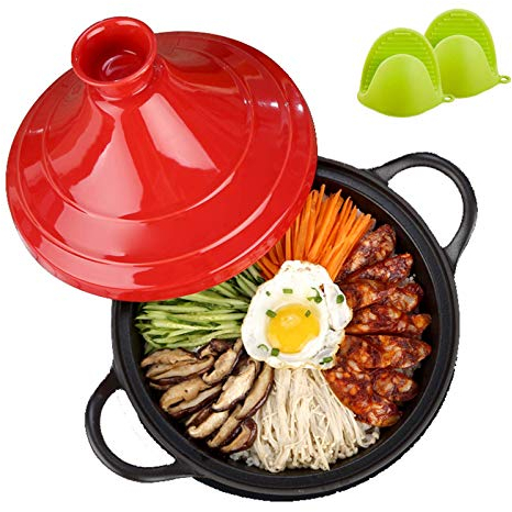 Auflaufformen mit Deckel, Tajine-Topf aus Gusseisen, marokkanische Tajine mit emailliertem Gusseisenboden und Silikonhandschuhen (rot)