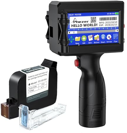 Phezer P15 stampante a getto d'inchiostro portatile per qualsiasi superficie. Ugello 0,5 per stampa QR, codice a barre, lotto, logo su vetro, plastica, cartone. Supporta 25 lingue.