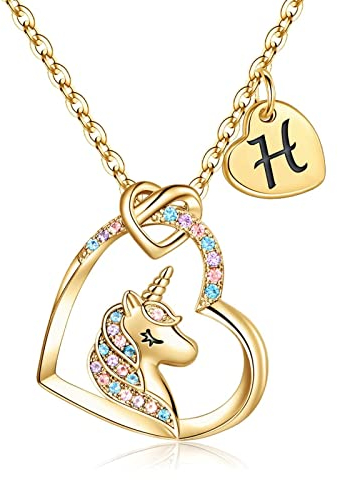 TINGN Einhorn Herz Anhänger Kette 14 Karat Gold Vergoldet - Halskette für Mädchen mit Buchstaben - Geschenk für Tochter Nichte