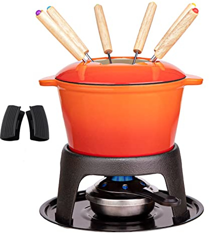 Mabeeze Cast Iron Fondue Pot Set Orange Enameled 1.6 Qt for Cheese, Chocolate, or Meat: Includes 6 Fondue Forks