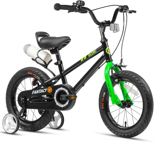Glerc Fantacy Kids Bike 14 Inch Boys Girls Bicycle for Age 3 4 5 6 Year Old with Stabilisers & Bottle Cage for Birthday Gift， Black