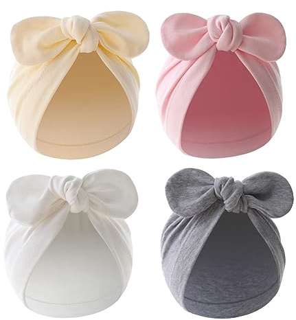 4PCS Newborn Baby Bow Knot Turban Hat Infant Toddler Hospital Hat Cotton Head Wrap Beanie Cap (Beige+Pink+White+Grey)