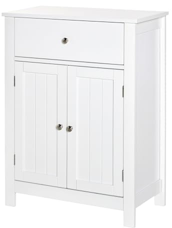 kleankin Armario de Baño de Almacenaje Multifuncional Mueble Auxiliar con 2 Puertas 1 Cajón y Estante Interior Ajustable Antivuelco para Cocina Salón 60x30x80 cm Blanco