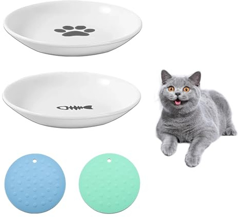 DYOUEN Pack of 2 Cat Ceramic Cat Bowl with Non-Slip Mats Cat Food Plate Non-Slip Mats Pet Bowl for Kittens and Small Animals