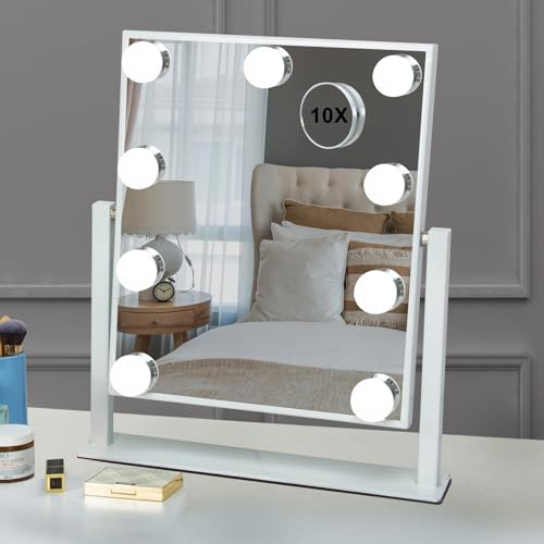 Buildonely Schminktischspiegel mit Beleuchtung, 360° Hollywood Spiegel mit 9 lampor, Kosmetikspiegel mit Touch Steuerung för Schlafzimmer Schminktisch, 30 x 25 cm