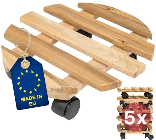 ITA Set de 5 Soportes con Ruedas para Plantas Redondos Ø30 cm de Madera de Haya - Capacidad de Carga 120 kg - Interior y Exterior