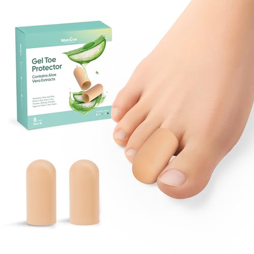 Welnove Gel Toe Cap and Protector - 8-Pack Aloe Vera Extract Infused Silicone Toe Covers - Toe Cushions for Pain Relief, Missing or Ingrown Toenails, Corns, Calluses, Blisters (8M, Beige)