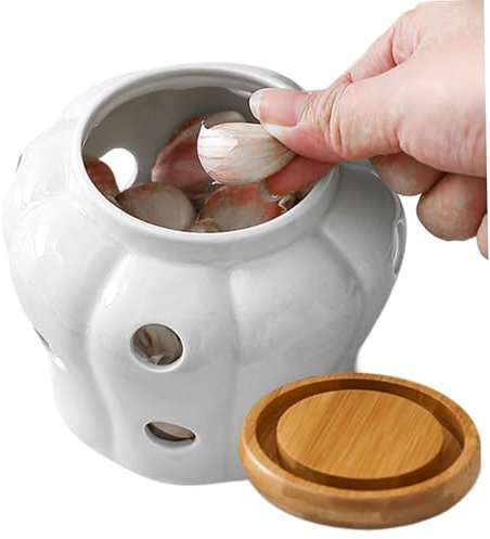 Garlic Container,Garlic Pot 4x4in Vented Freshness Ceramic Kitchen Garlic Keeper Large Opening with Lid Countertop Non-Slip Hollow Stylish Garlic Storage for Onions, Ginger (White)