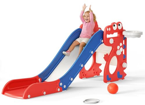 Krovtoy Toddler slide, small dinosaur single slide with ball frame, ring, baby slide suitable for 1-3 years old children (Dinosaur- red blue)