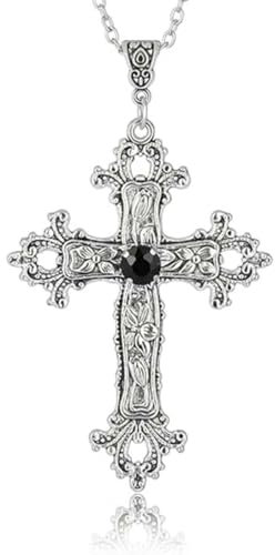 SULIUDAJI Collar Gótico Plateado Vintage Con Cruz Grande Grabado De Flores, Collar De Cruz De Halloween, Accesorios Para Mujeres Y Hombres