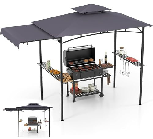 RELAX4LIFE Tonnelle Barbecue Exterieur avec Auvent Réglable | Auvent Abri Barbecue | 2 Tablettes de Service | Crochets | Ouvre-Bouteille | Tonnelle de Jardin Exterieur pour Terrasse Patio