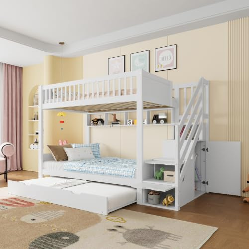 Huayz Letto a castello, 90 x 200, con letto estraibile 90 x 190 cm, per 2-3 bambini, letto a soppalco con scale e vano portaoggetti, protezione dalle cadute, letto multifunzione con rete a doghe