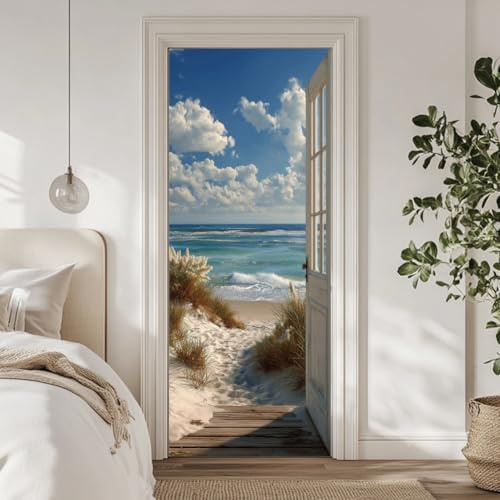 arricraft 2 Pcs Self-Adhesive Door Stickers, 31.5x78.7 Beach Plants Sea Sky Clouds Pattern Door Murals Stickers PVC Doors Removable Wallpaper Decoration for Bedrooms Living Room Home Decoration