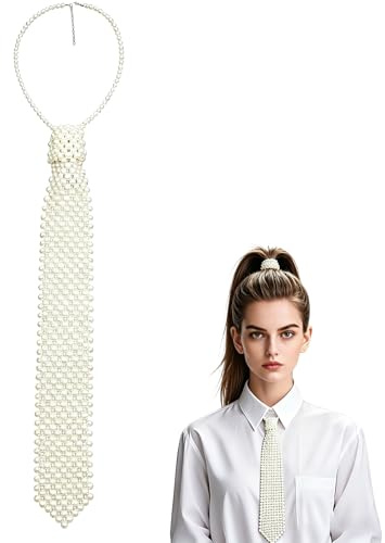 VASANA White Artificial Pearl Neck Tie Handmade Weaving Shirts Necklace Tie Adjustable Beaded Necklace Jewelry Accessories for Women Party Casual Uniform Shirt
