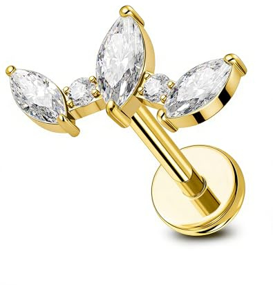 OUFER Piercing Nez Titane Bijou Helix Sans Filetage Conch Tragus Or CZ Transparent Piercing Labret Lèvre 6mm Dos Plat Hélix Boucles d'Oreille Cartilage pour Femmes