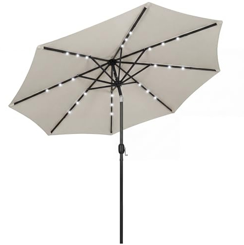 Outsunny 2.6 m Garden Parasol Umbrella with LED Solar Light, Parasol Cover, Outdoor Table Market Patio Umbrella Sun Shade with Tilt and Crank, Vent, Light Grey