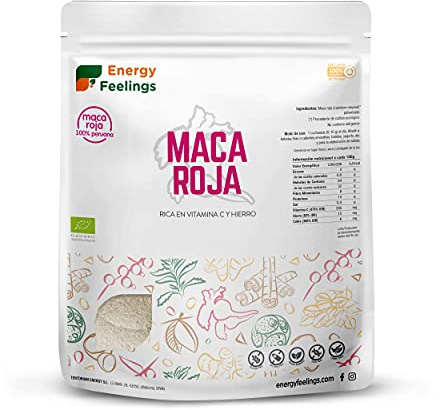 Energy Feelings Maca Roja ECO - 500 g, Maca Vegana en Polvo, Rica en Vitamina C y Hierro, Efecto Vigorizante y Afrodisiaco, Mejora Rendimiento Físico, Sin Lactosa, Sin Gluten y Sin Azúcar Añadido